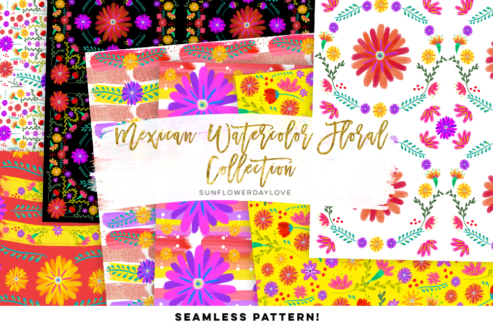 1000x667 Mexican Watercolor Floral Digital Pattern By Sunflower Day Love - Mexican Watercolor