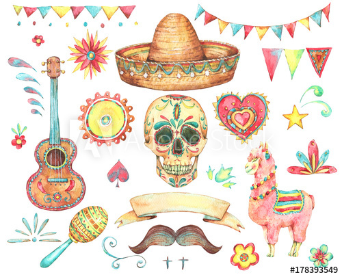 500x405 Watercolor Set Of Mexican Hand Painted Design Elements - Mexican Watercolor