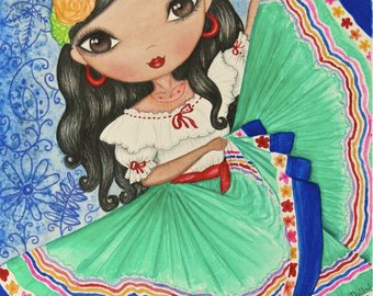 340x270 Rebozo Mexican Girl Watercolor Wall Art Printable - Mexican Watercolor Painting
