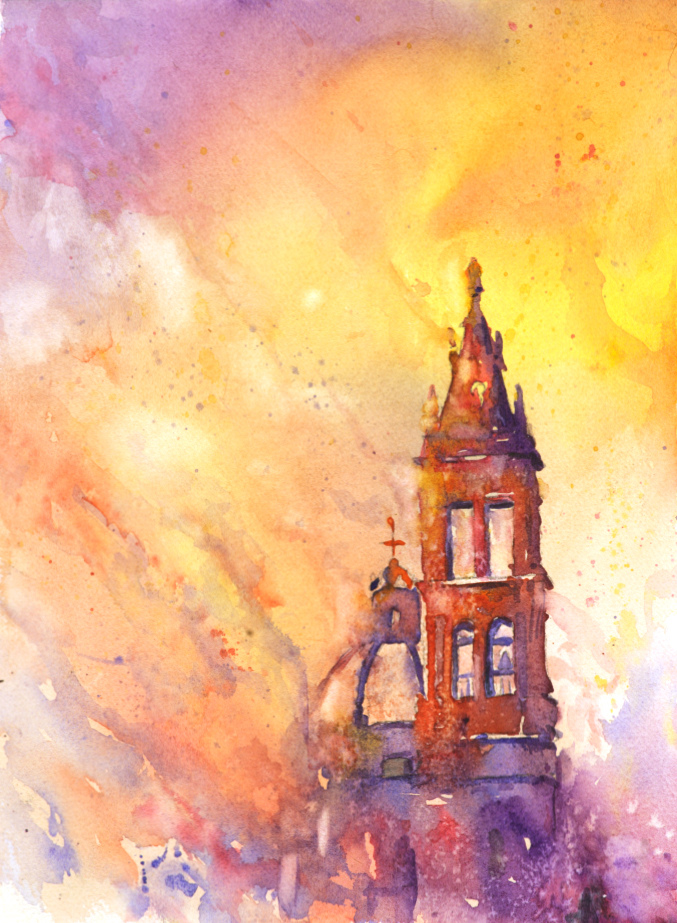 677x923 Watercolor Painting Of Mexican Church Morelia Watercolor - Mexican Watercolor Painting
