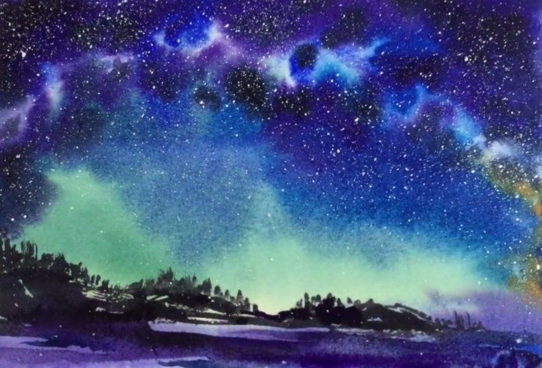 791x537 Watercolor Milky Way Sky Painting Demonstration Diverses - Milky Way Watercolor