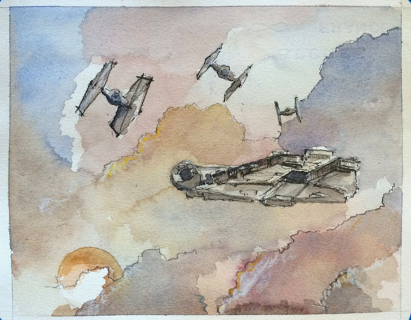 600x468 A List Of Our Favorite Art Awakens Fan Art - Millennium Falcon Watercolor