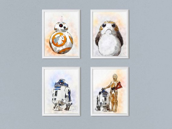 570x428 Set Of 4 Star Wars Print Wall Art Watercolor Painting Last Jedi - Millennium Falcon Watercolor