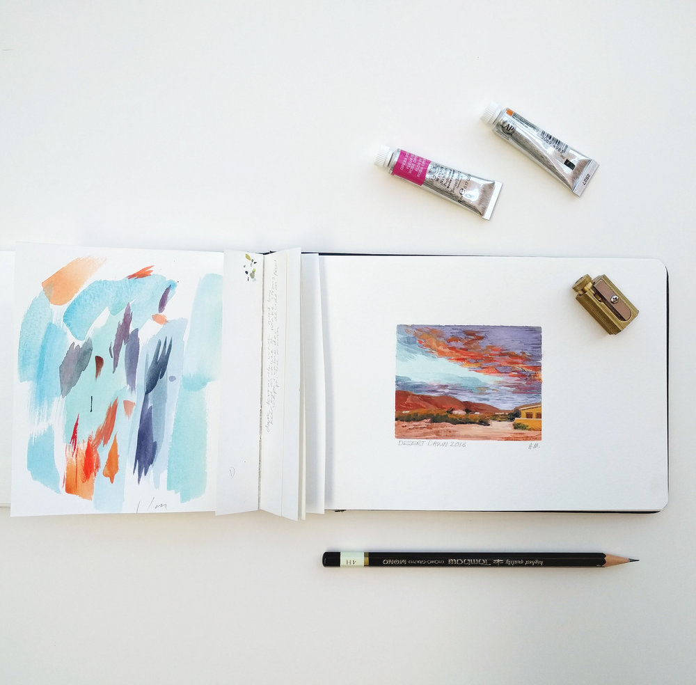 1000x984 Miniature Watercolor Painting Of Dawn Sunrise Over California - Miniature Watercolor Paintings