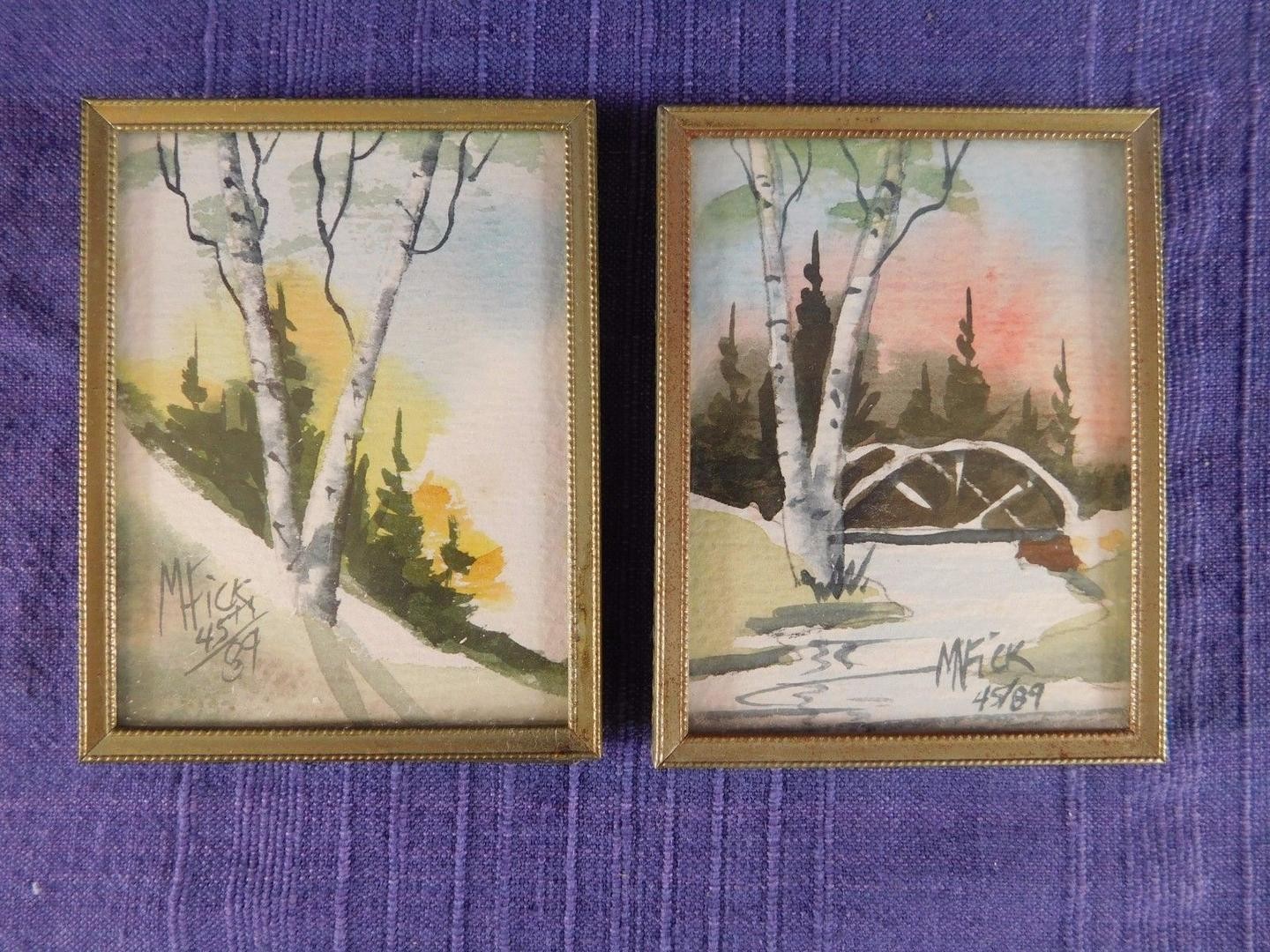 1440x1080 Pair Of Mary Noble Fick Miniature Watercolor Paintings, Framed - Miniature Watercolor Paintings