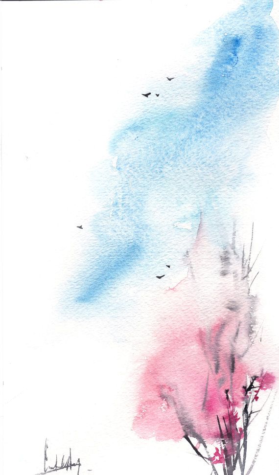 570x971 Original Minimalist Watercolor Painting, Spring Painting, Pink - Minimalist Watercolor