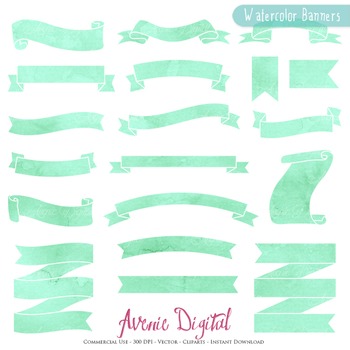 350x350 Mint Watercolor Ribbon Banners Clip Art - Mint Watercolor