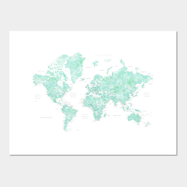 630x630 Mint Watercolor World Map, Detailed, Desie - Mint Watercolor
