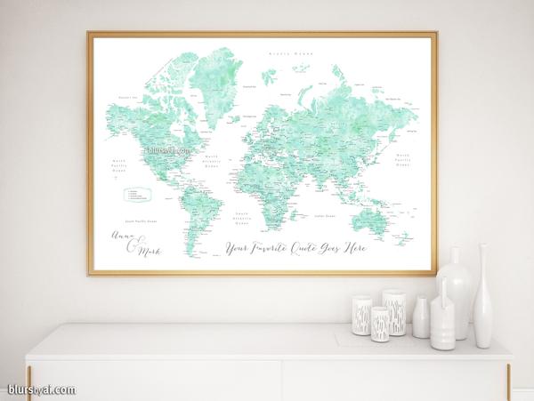 600x451 Personalized Print World Map With Cities In Mint Watercolor - Mint Watercolor
