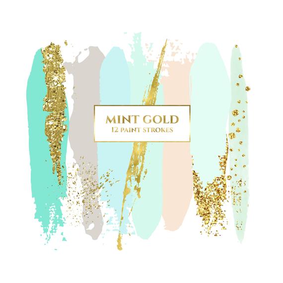 570x570 Mint Watercolor Brush Strokes Gold Watercolor Clipart Gold Etsy - Mint Watercolor