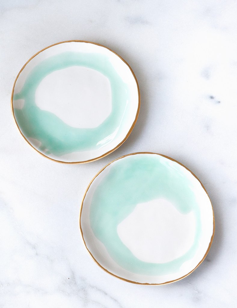 788x1024 Dessert Plates In Watercolor Mint Swirl With Gold Rim (Set Of Two - Mint Watercolor