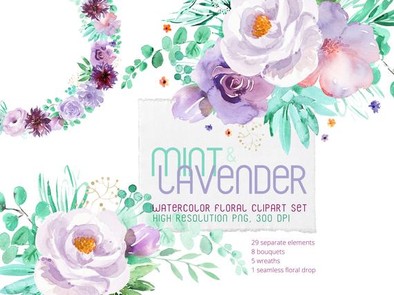 570x428 Mint Lavender Floral Clipart Set Watercolor Flowers Clip Art Etsy - Mint Watercolor Flowers