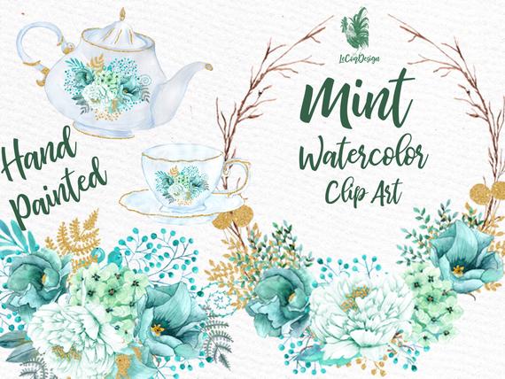 570x428 Mint Watercolor Clipart Watercolor Flowers Etsy - Mint Watercolor Flowers