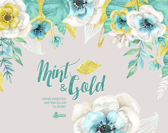 570x452 Mint Amp Gold. Watercolor Floral Bouquets And Arrangement Clipart - Mint Watercolor Flowers
