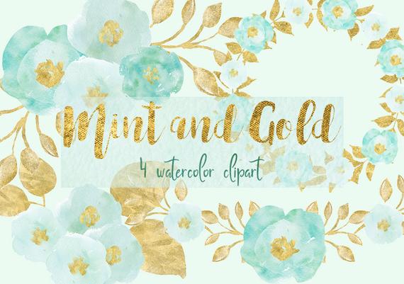 570x401 Mint And Gold Digital Watercolor Watercolor Flowers Floral Etsy - Mint Watercolor Flowers