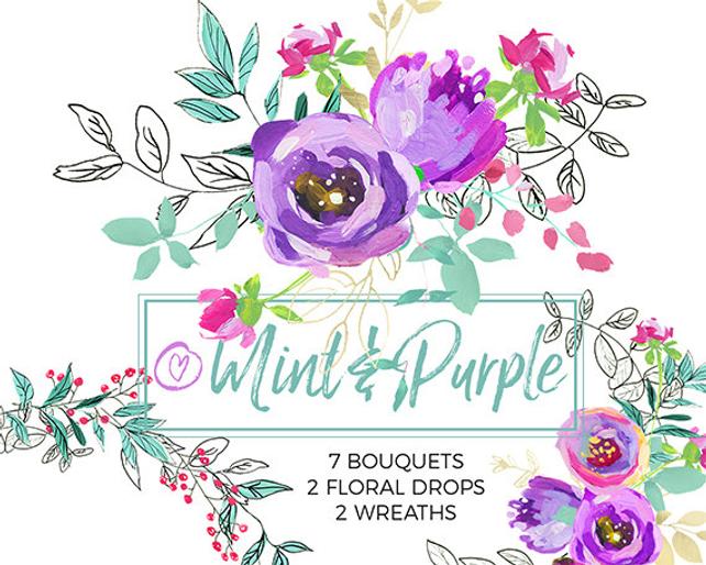 642x514 Purple Mint Watercolor Flowers Clipart Set Wedding Floral Etsy - Mint Watercolor Flowers