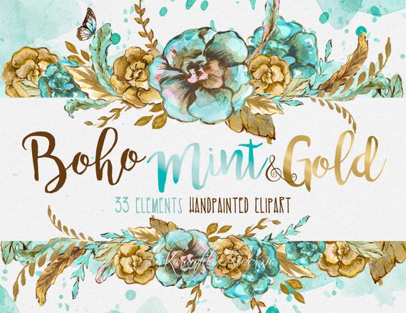570x440 Watercolor Flowers Digital Clipart Boho Chic Wreath Mint Gold Etsy - Mint Watercolor Flowers