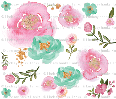 400x342 Watercolor Pink, Mint And Gold Floral Wallpaper - Mint Watercolor Flowers