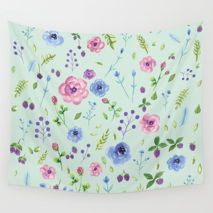700x700 Watercolor Flowers On Mint Wall Tapestry By Sevenroses Society6 - Mint Watercolor Flowers