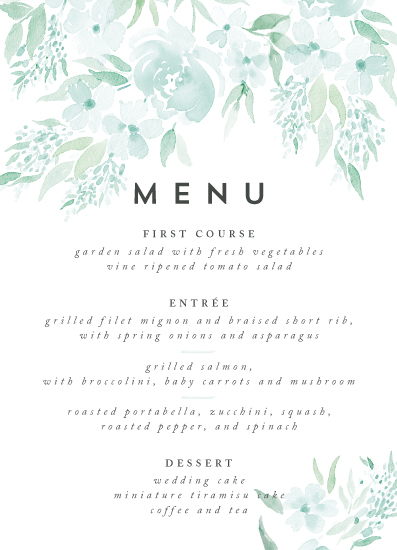 397x550 Poetic Watercolor Flowers Mint A7 Menu Portrait Front - Mint Watercolor Flowers