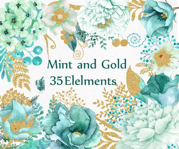 570x475 Gold Mint Flowers Clipart Watercolor Flowers Etsy - Mint Watercolor Flowers