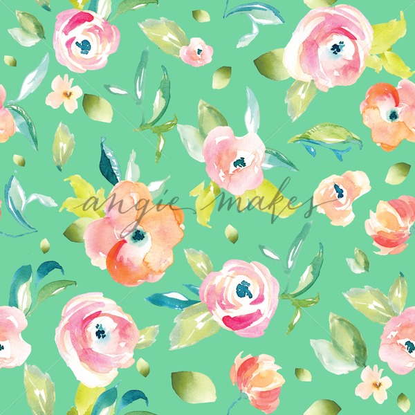 600x600 Mint Green Watercolor Flowers Pattern - Mint Watercolor Flowers