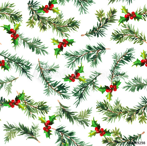 500x496 Pine Branch With Mistletoe. Watercolor Repeat Pattern - Mistletoe Watercolor