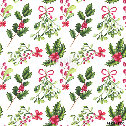500x500 Seamless Pattern Of Watercolor Holly And Bouquets With Mistletoe - Mistletoe Watercolor