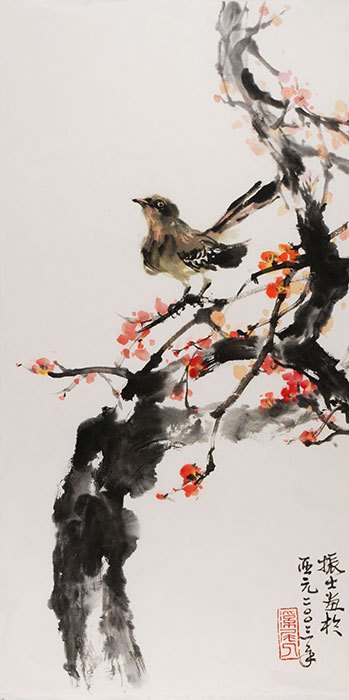 349x700 Chinese Painting Bird Mockingbird - Mockingbird Watercolor