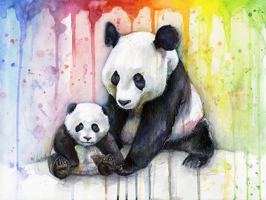900x676 Panda Watercolor Mom And Baby Painting By Olga Shvartsur - Mom Watercolor