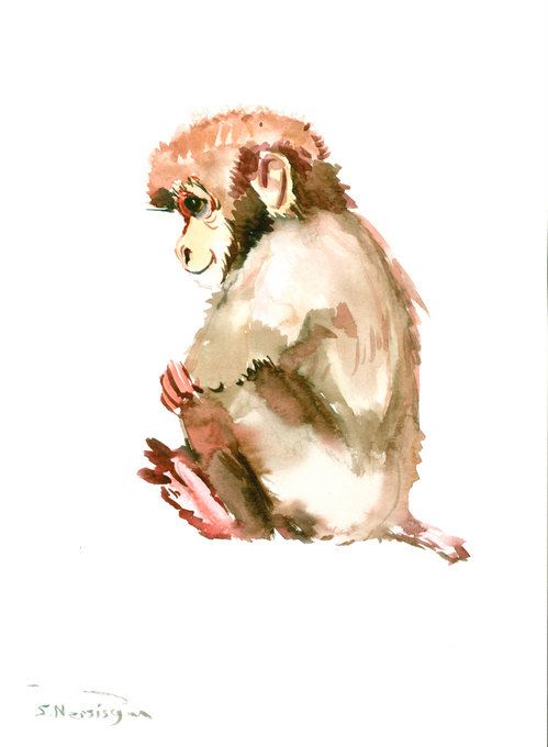 499x680 Monkey Painting, Animal Art, Original Watercolor Painting, 12 X 9 - Monkey Watercolor