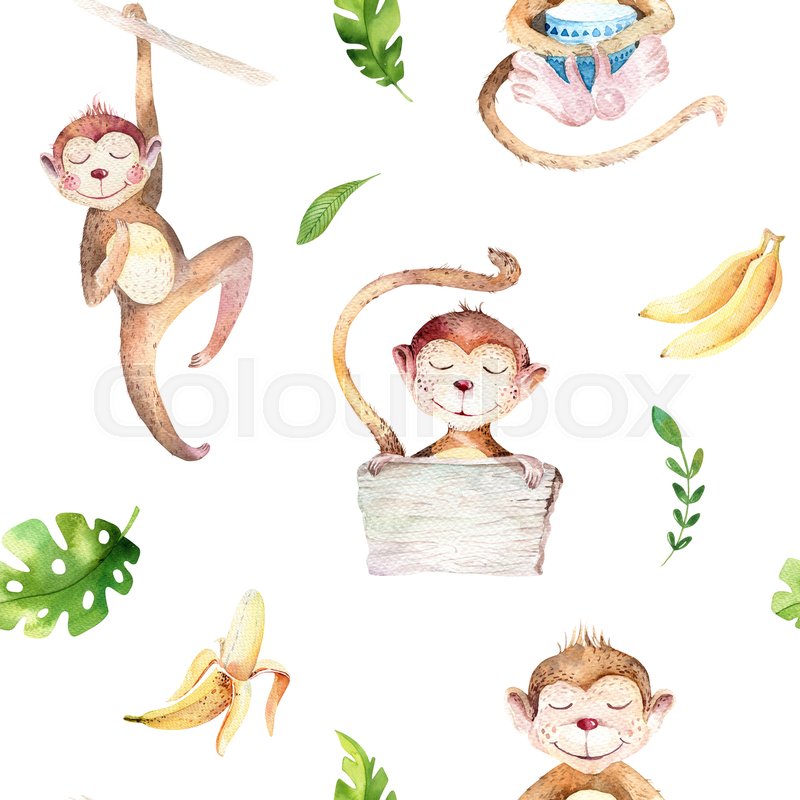 800x800 Baby Animals Nursery Isolated Seamless Pattern. Watercolor Boho - Monkey Watercolor
