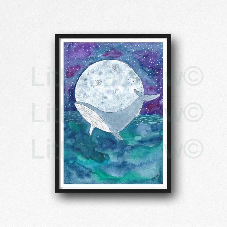 750x750 Buy Galaxy Whale Under The Sea Moon And Stars Watercolor Painting - Moon Watercolor Painting