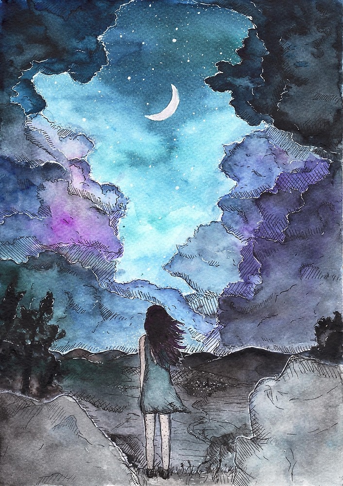 706x1000 Moon Child Watercolor Painting By Brabikate Redbubble - Moon Watercolor Painting