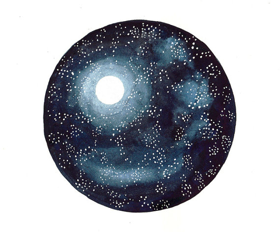 570x471 Original Watercolor Painting Moon And Stars Space Art Galaxy Art - Moon Watercolor Painting