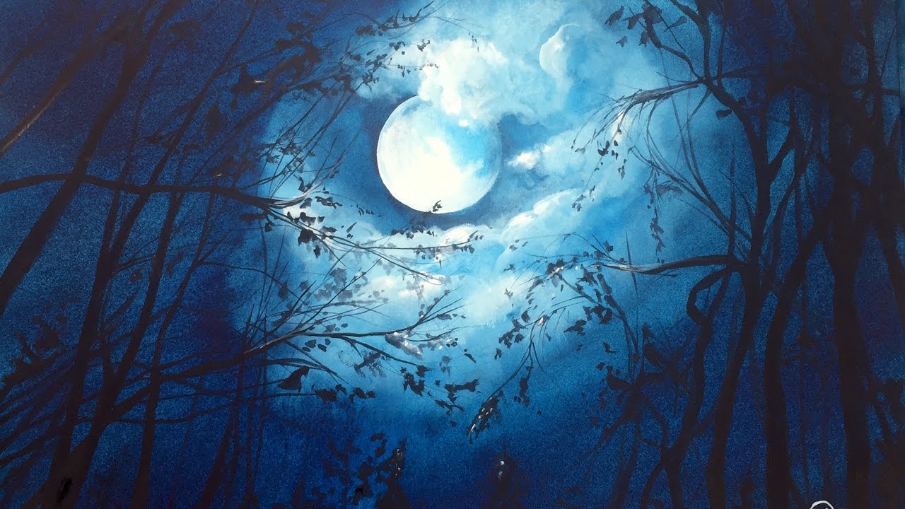 1280x720 Watercolor Moonlight Painting Demonstration - Moon Watercolor Painting