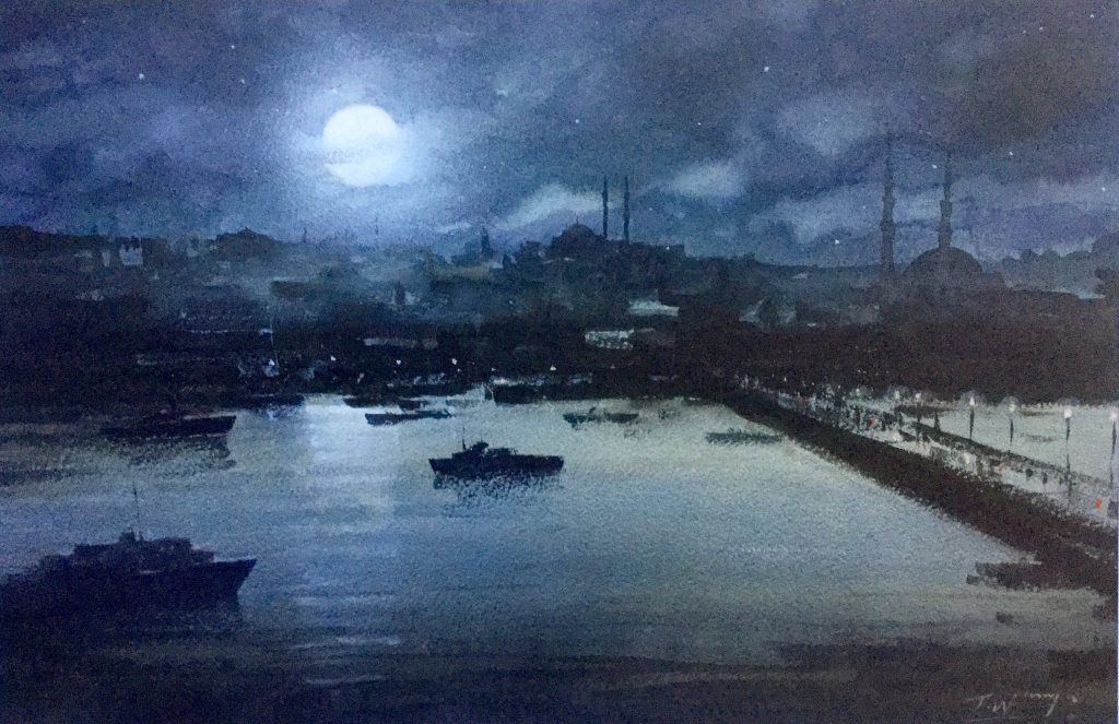 1024x663 Moonlight In Istanbul Watercolour On Paper By Trevor Waugh - Moonlight Watercolor
