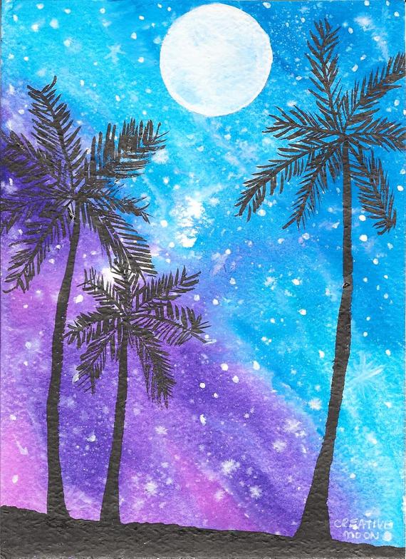 570x784 Palm Trees And The Moonlight Watercolor And India Ink Etsy - Moonlight Watercolor