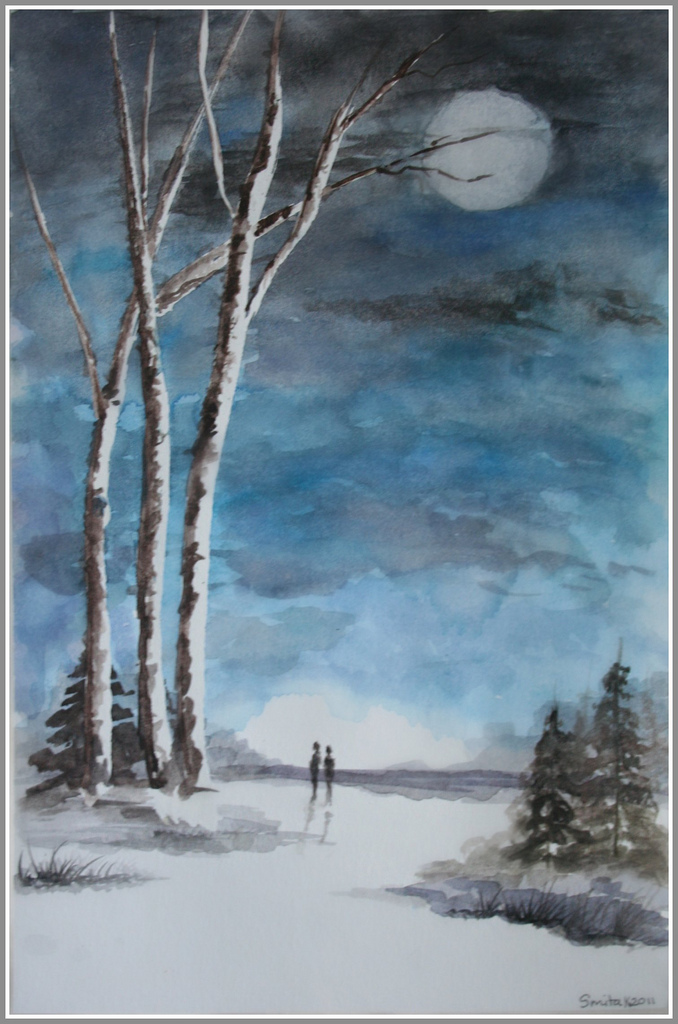 678x1024 Watercolor Moonlight From An Online Tutorial By Anita Jans - Moonlight Watercolor