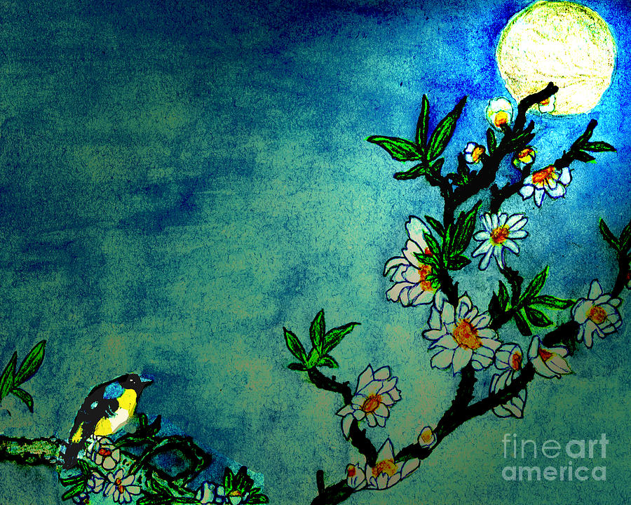 900x720 Bluebird In Moonlight Mist Chinese Watercolor Photograph By Merton - Moonlight Watercolor