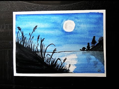 480x360 Drawing Moonlight Scenery With Water Colors For Beginners Step By - Moonlight Watercolor