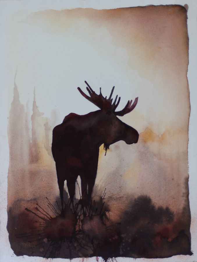 677x900 Moose Silhouette Paintingwatercolor And Guache My Artwork - Moose Watercolor