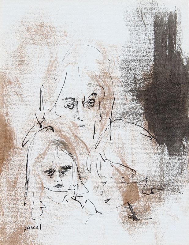 618x800 Pascal, Mother And Child, Ink And Watercolor Painting - Mother And Child Watercolor