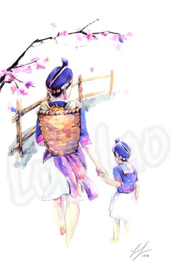 570x880 Hmong Art Painting Mother Daughter Cherry Blossom - Mother Daughter Watercolor