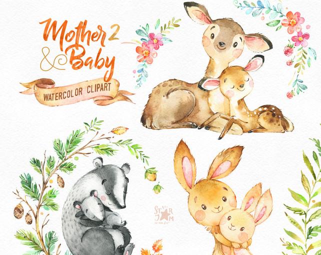 642x510 Mother Amp Baby 2. Watercolor Animals Clipart Deer Rabbit Etsy - Mother Watercolor