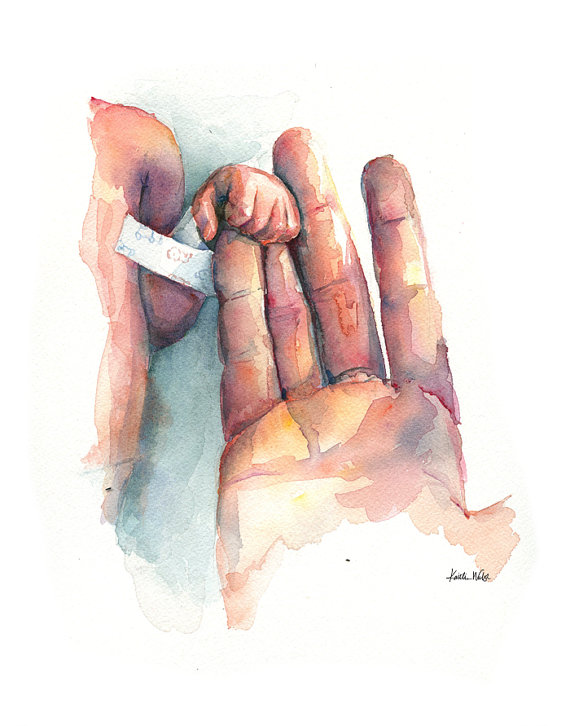 570x726 Preemie Holding Hands Watercolor Print - Mother Watercolor