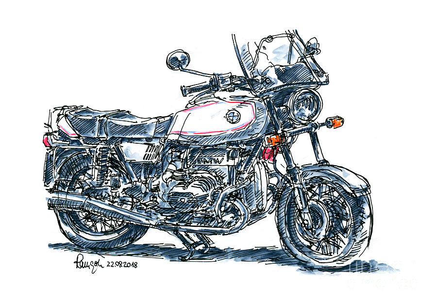 900x630 Bmw R 65 Classic Motorcycle Ink Drawing And Watercolor Drawing By - Motorcycle Watercolor