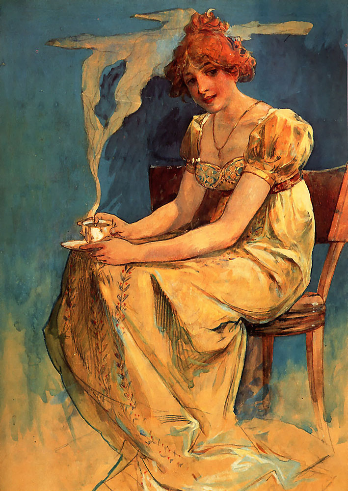 709x1000 Filemucha Untitled (Seated Woman With Coffee Cup, Watercolor).jpg - Mucha Watercolor