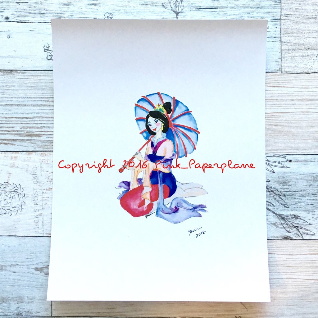 1024x1024 Mulan, Watercolor Art Print, Signed In Ink. Pink Paperplane - Mulan Watercolor