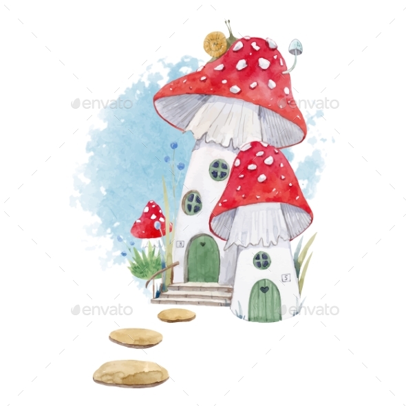 590x590 Watercolor Mushroom House Illustration By Zenina Graphicriver - Mushroom Watercolor